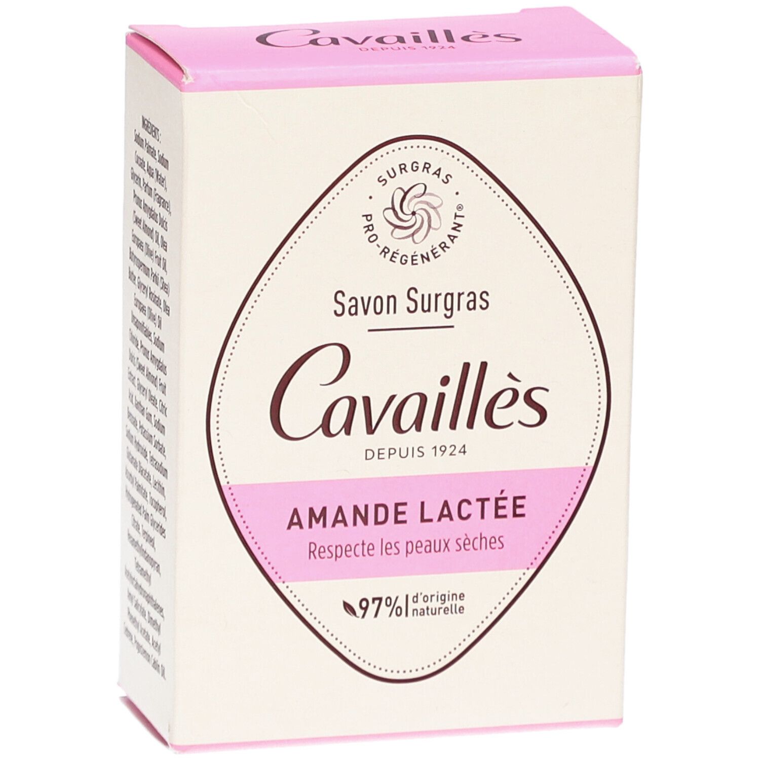 Boîte rose 'Cavaillès Savon Surgras Amande Lactée'.