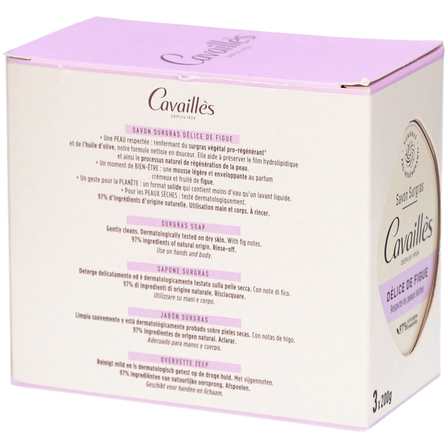 Boîte avec textes en français, anglais, espagnol et italien. Nom du produit : Cavaillès Savon Surgras Délice de Figue.