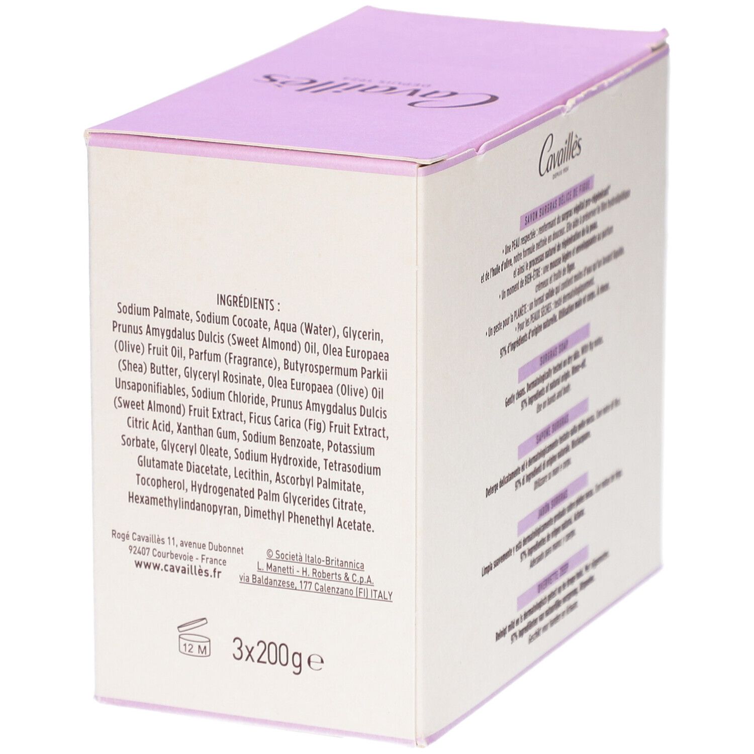 Boîte avec ingrédients et coordonnées. Nom du produit : Cavaillès Savon Surgras Délice de Figue. 3x200g.