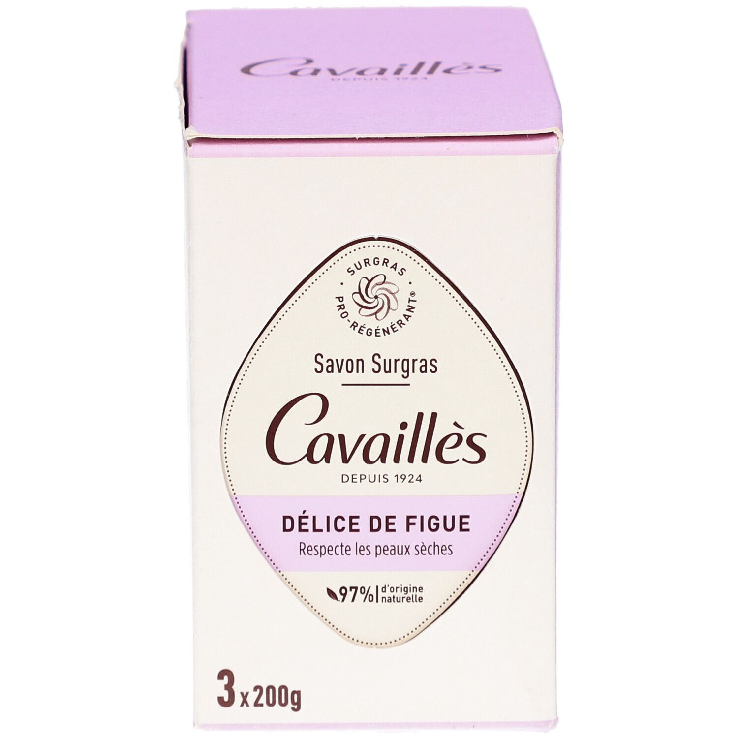 Boîte avec informations produit. Inscription Cavaillès, Délice de Figue, 97% d'origine naturelle. 3x200g.