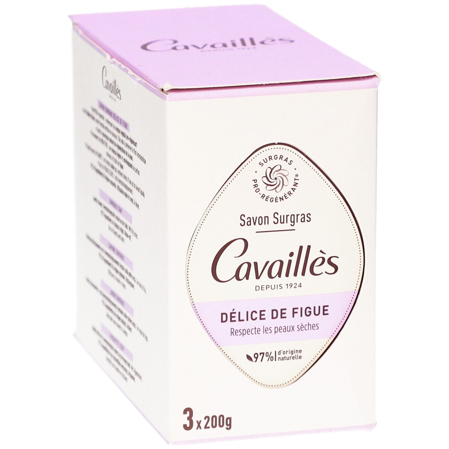 Boîte avec informations produit. Inscription Cavaillès, Délice de Figue, 97% d'origine naturelle. 3x200g.