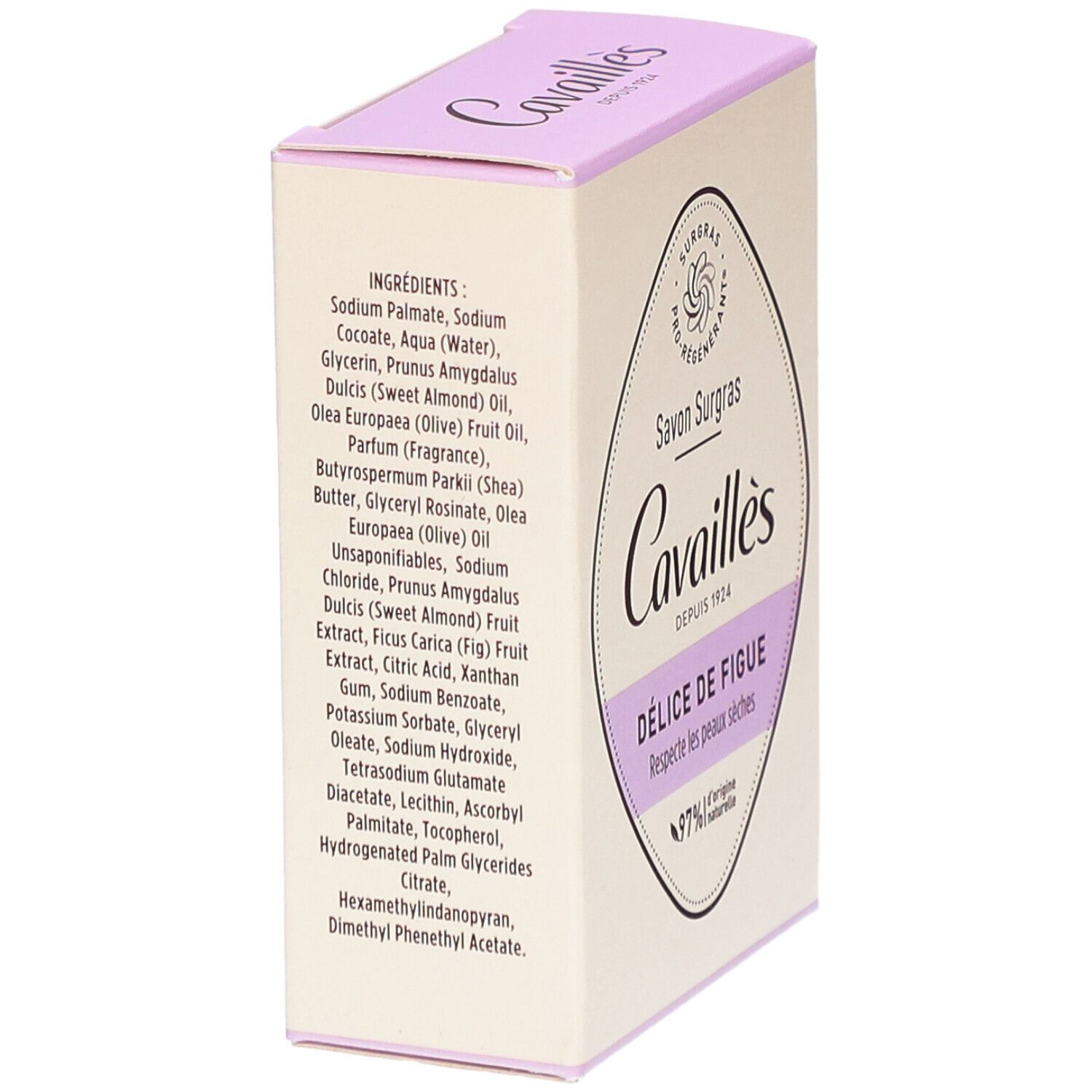 Boîte Cavaillès Délice de Figue. Liste des ingrédients. 97% d'origine naturelle.