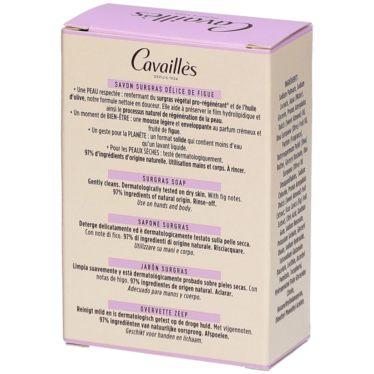 Boîte Cavaillès Délice de Figue. Texte multilingue. 97% d'ingrédients naturels.