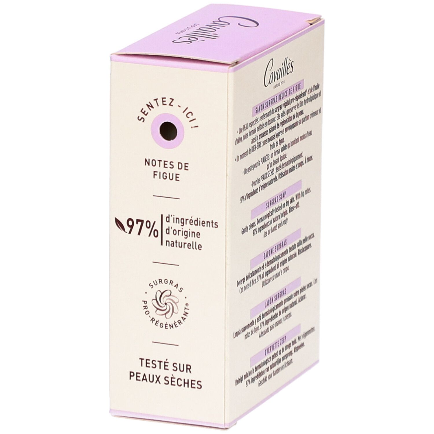 Boîte Cavaillès Délice de Figue. Texte et logo. 97% d'ingrédients naturels.