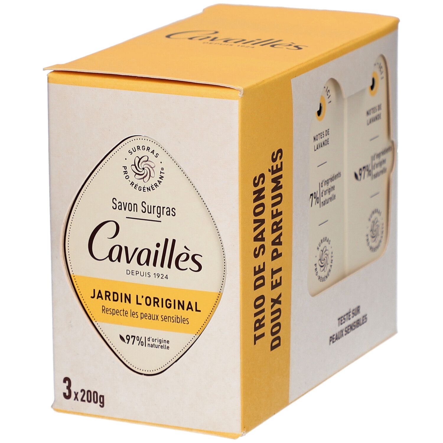 Boîte de trois savons Cavaillès. Inscription: Savon Surgras Jardin l'Original. 97% d'ingrédients d'origine naturelle.