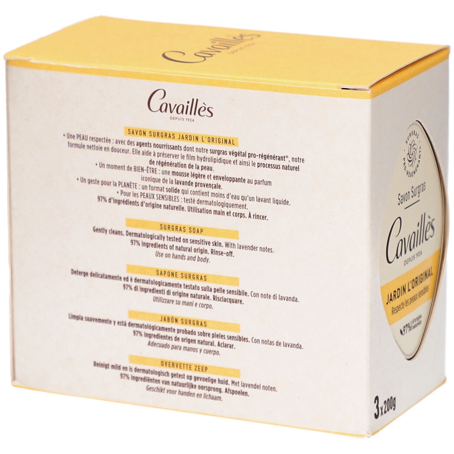 Dos de la boîte avec texte. Nom du produit: Cavaillès Savon Surgras Jardin l'Original. 3x200g. 97% ingrédients naturels.