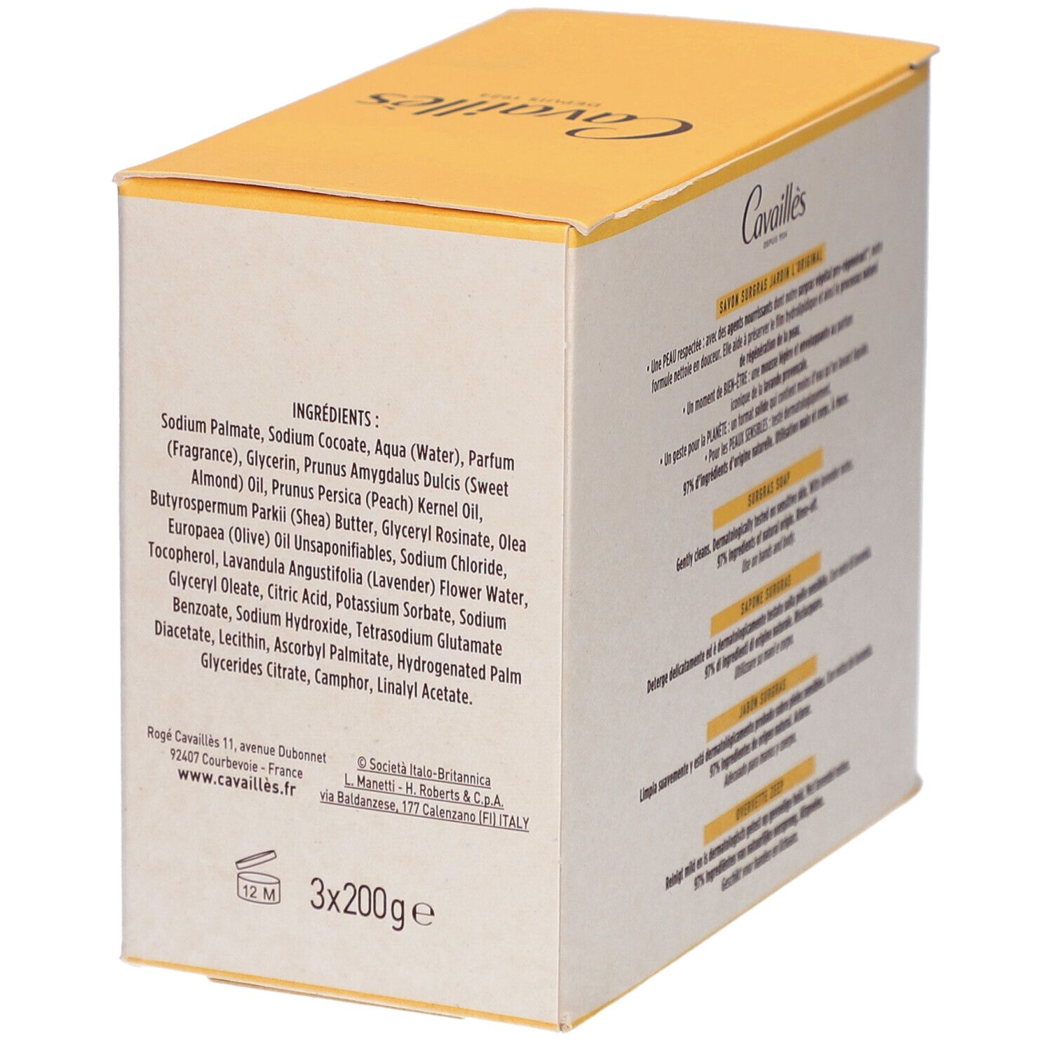 Boîte avec ingrédients et informations. Nom du produit: Cavaillès Savon Surgras Jardin l'Original. 3x200g.