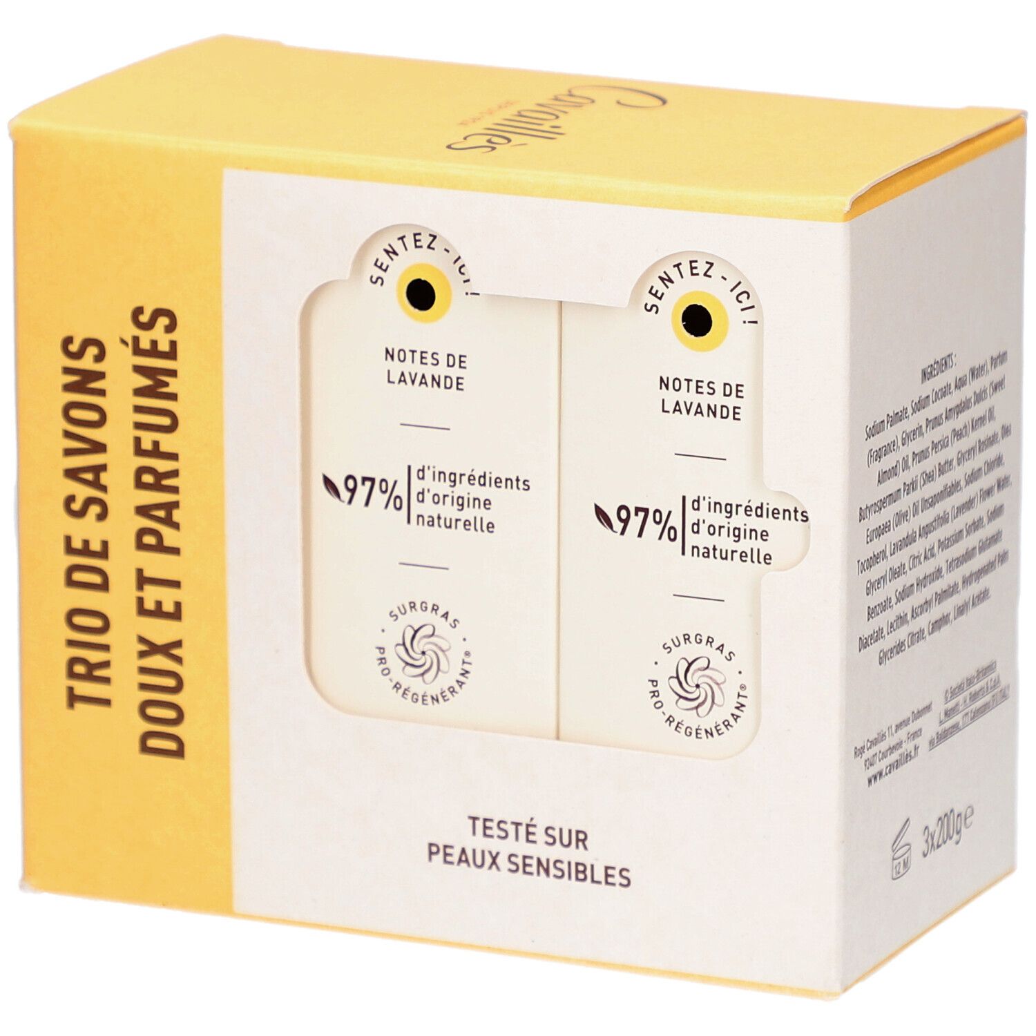Boîte avec deux savons. Inscription: Cavaillès. 97% ingrédients naturels. Testé sur peaux sensibles.