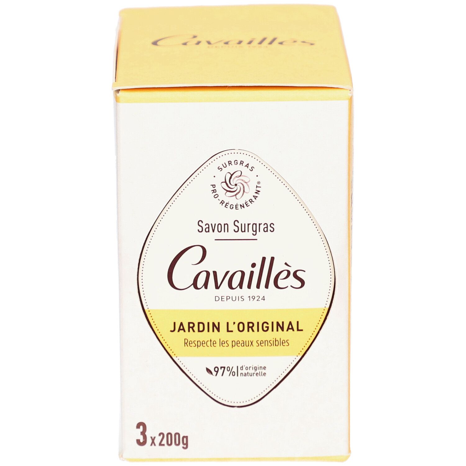 Boîte avec nom du produit: Cavaillès Savon Surgras Jardin l'Original. 3x200g. 97% ingrédients naturels.