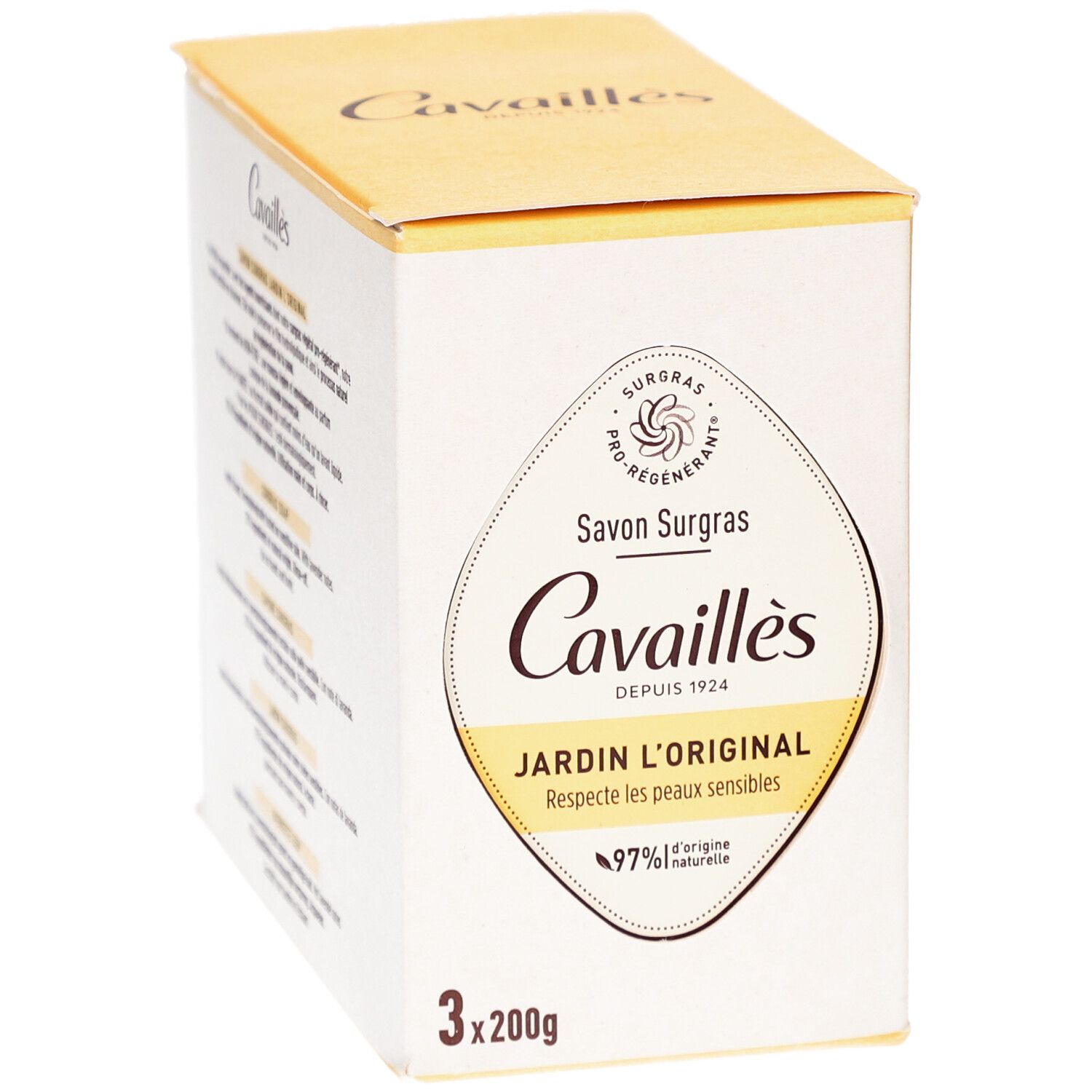 Boîte avec nom du produit: Cavaillès Savon Surgras Jardin l'Original. 3x200g. 97% ingrédients naturels.