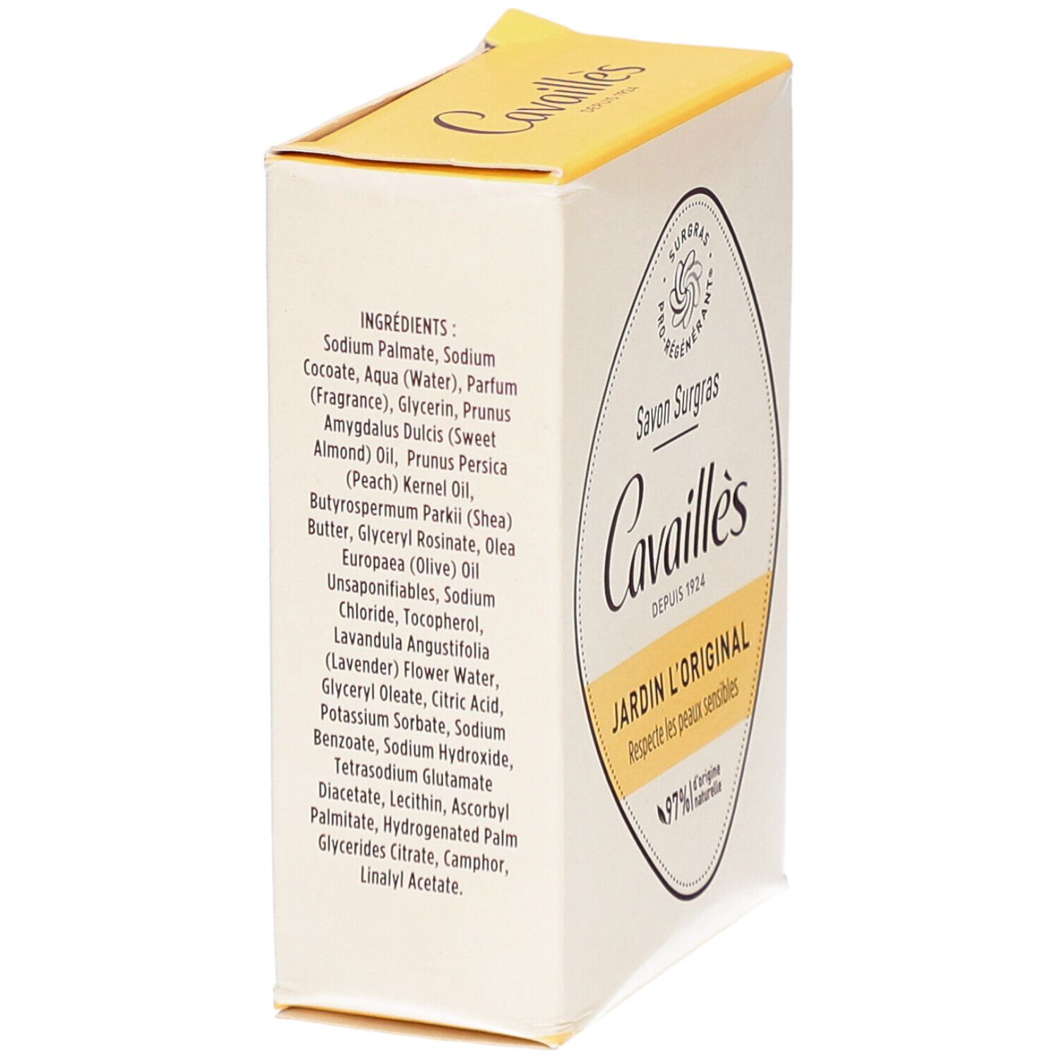 Dos de la boîte CAVAILLES Savon Surgras Jardin l'Original. Liste des ingrédients et informations produit.