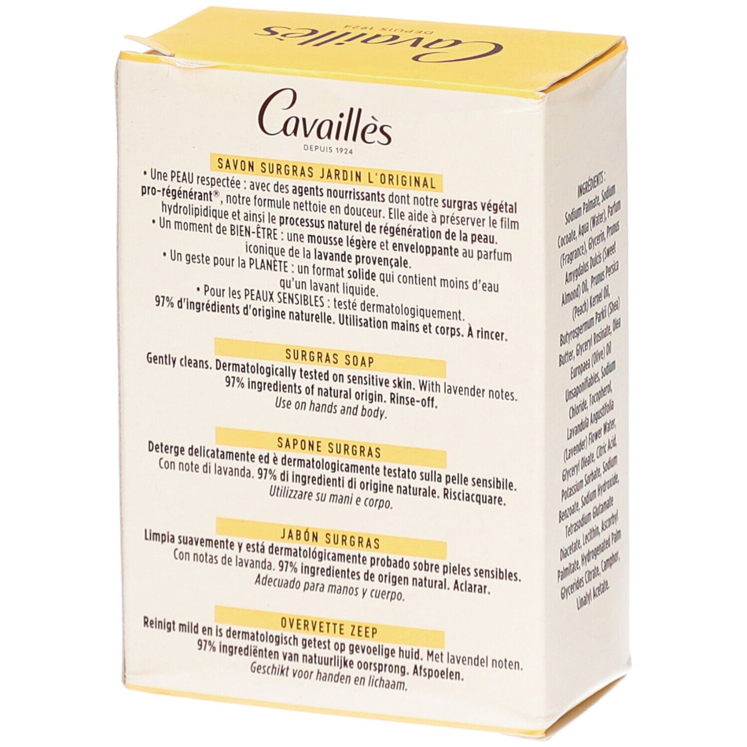 Boîte CAVAILLES Savon Surgras Jardin l'Original. Descriptions multilingues au dos.