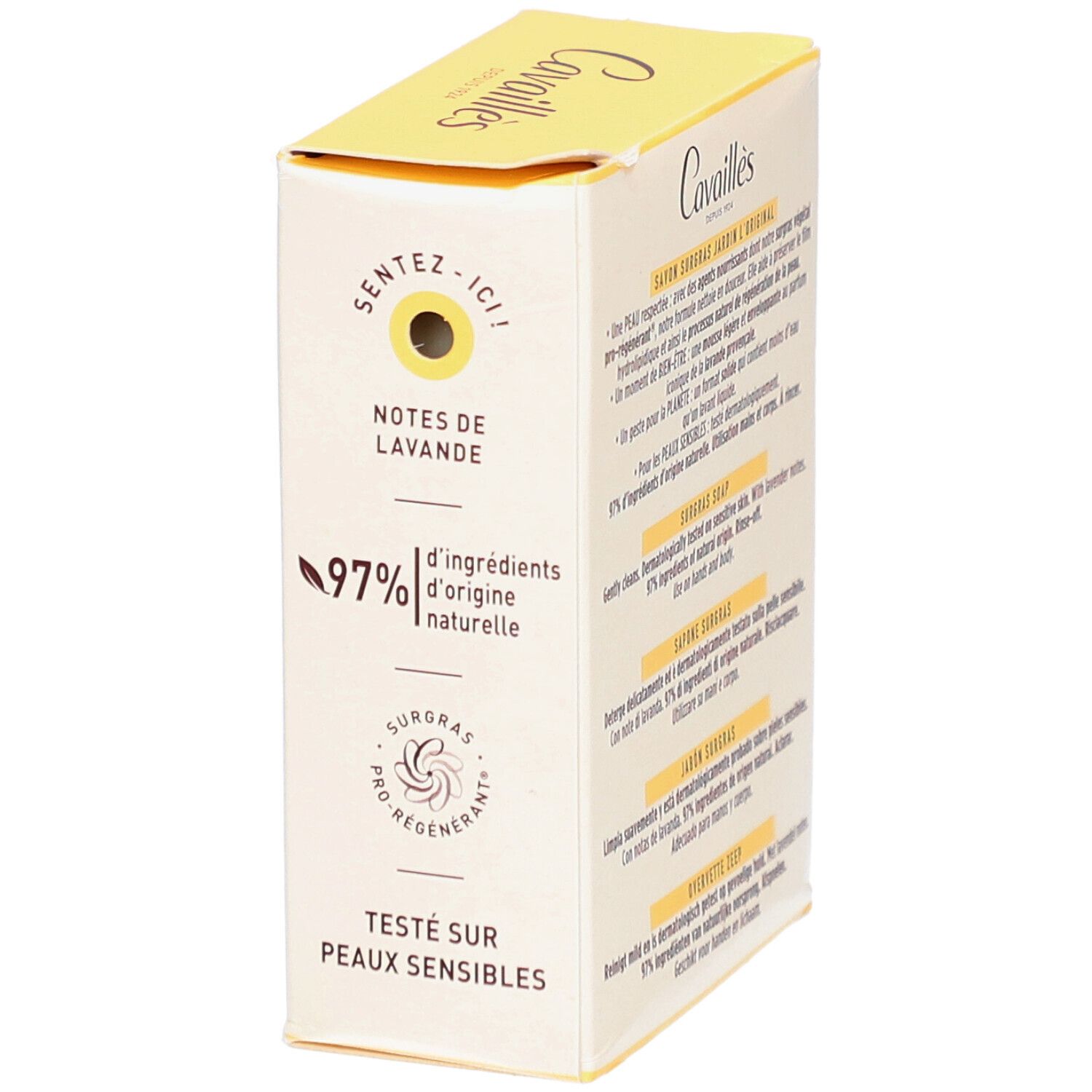 Boîte CAVAILLES Savon Surgras Jardin l'Original. Détail avec indication lavande et ingrédients.