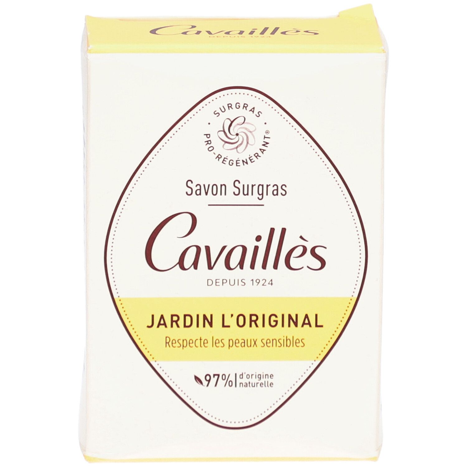 Savon CAVAILLES Surgras Jardin l'Original. Pain de savon blanc avec logo et nom du produit.