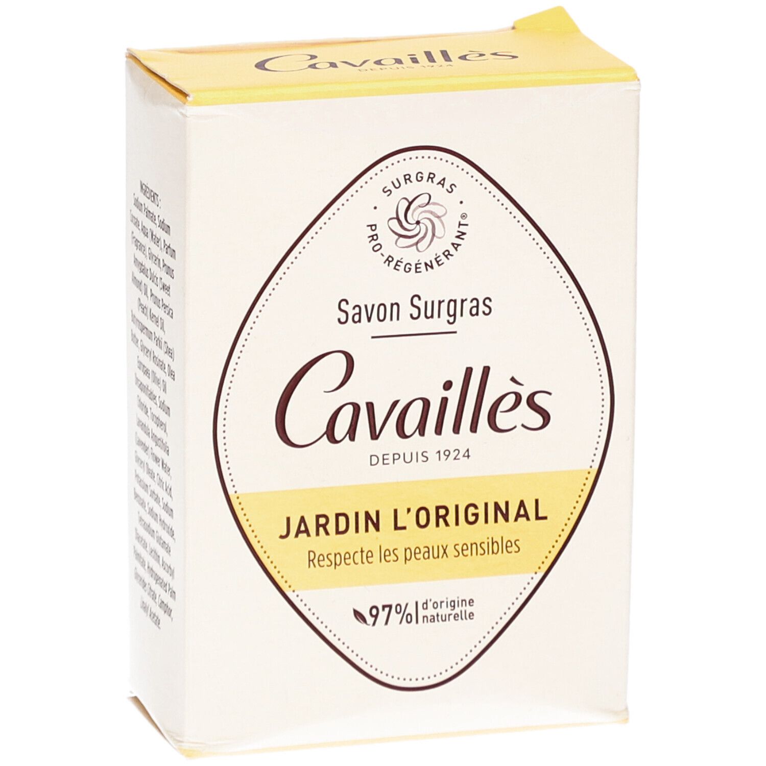 Boîte de CAVAILLES Savon Surgras Jardin l'Original. Emballage avec logo, nom et informations.