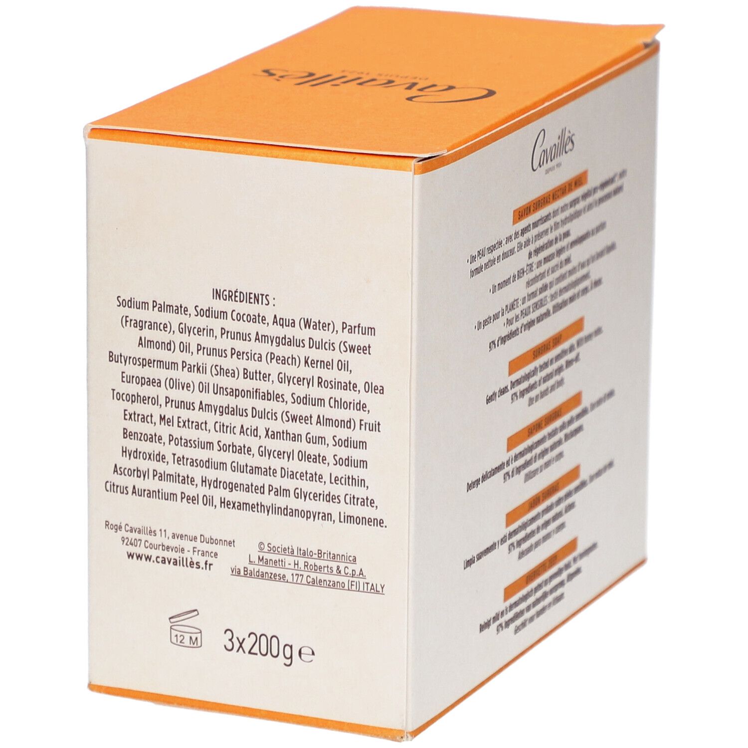 Dos de la boîte avec liste des ingrédients. Marque Cavaillès. Adresse et coordonnées. 3x200g.