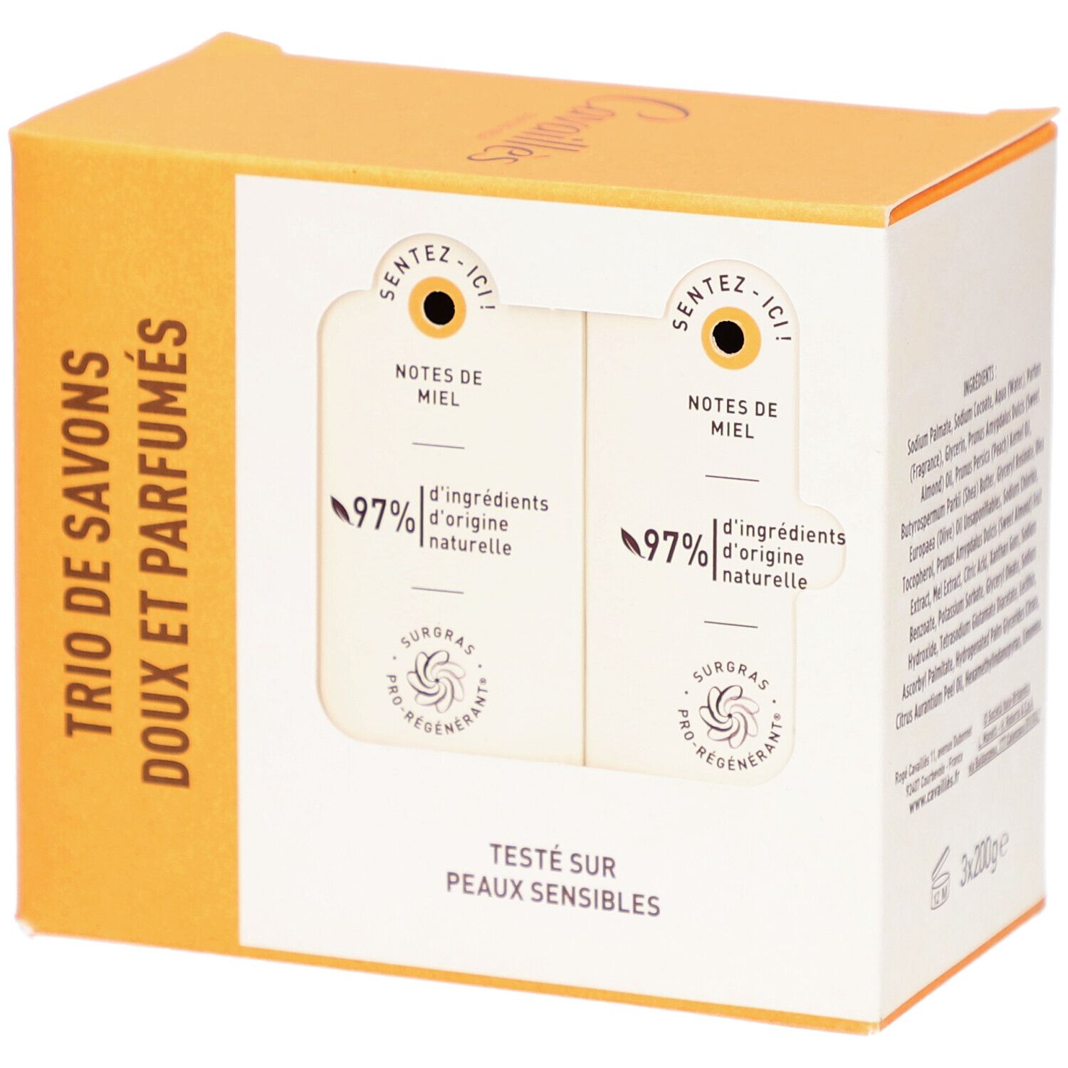 Boîte avec deux savons Cavaillès Nectar de Miel. 97% d'ingrédients naturels. Testé sur peaux sensibles. Emballage orange.