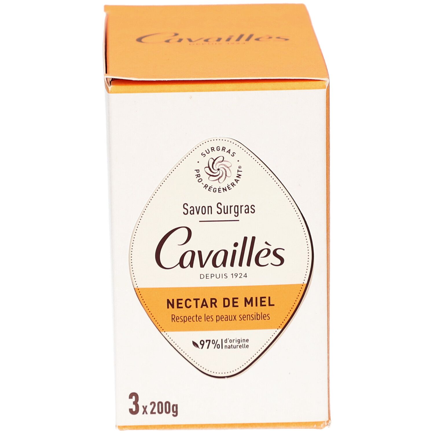 Boîte de trois savons Cavaillès Nectar de Miel. 97% d'ingrédients naturels. Testé sur peaux sensibles. 3x200g.