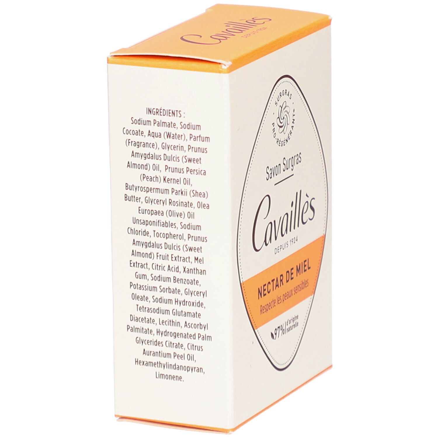Boîte avec liste des ingrédients. Texte: Savon Surgras Nectar de Miel, 97% d'origine naturelle.