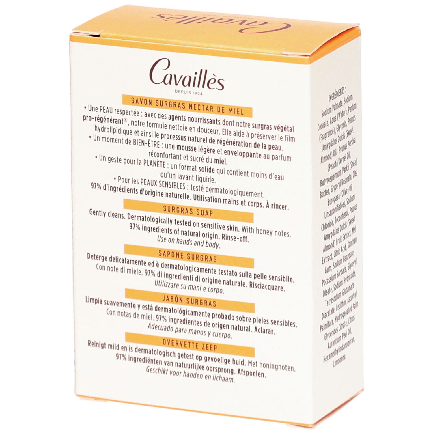Boîte avec descriptions du produit en plusieurs langues. Texte: Savon Surgras Nectar de Miel, 97% d'origine naturelle.