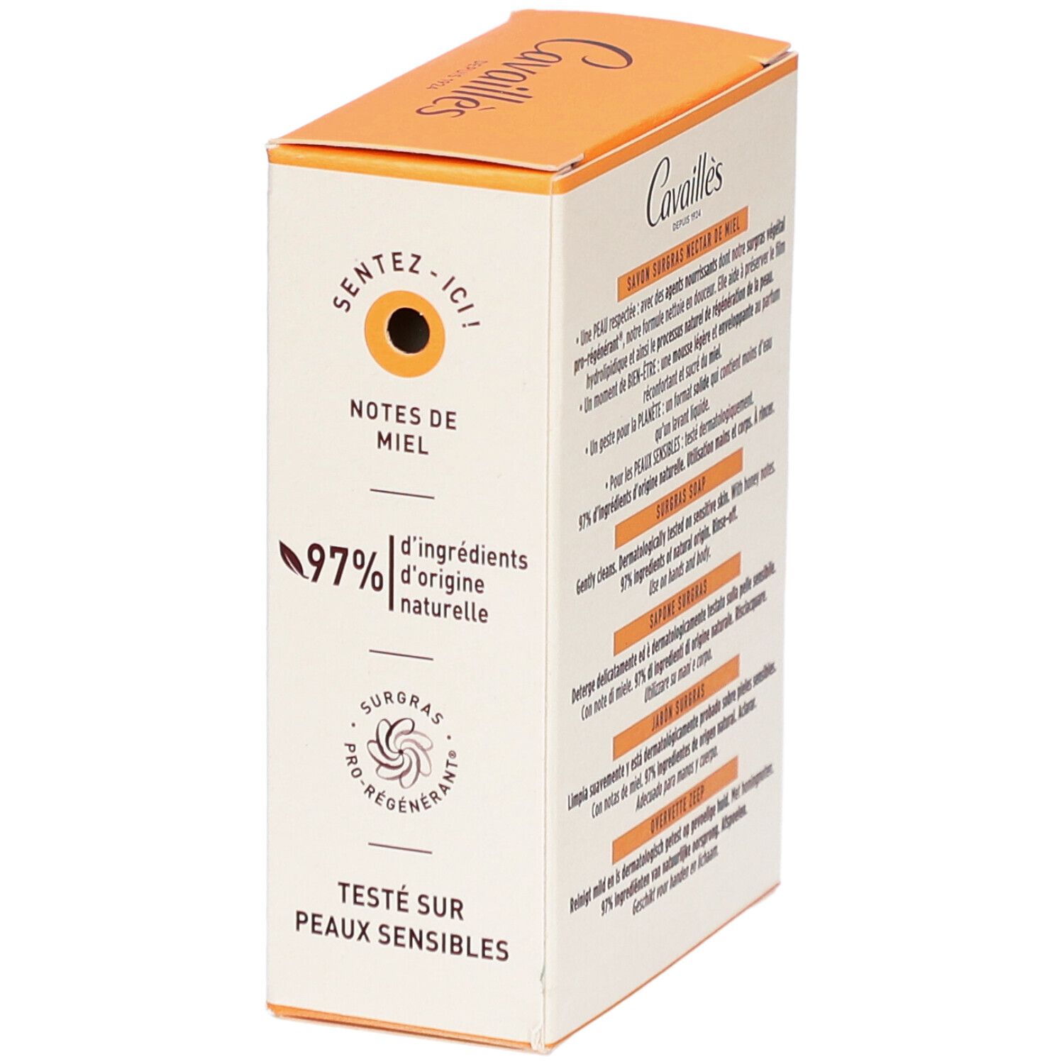 Boîte avec texte et logo. Texte: Savon Surgras Nectar de Miel, 97% d'origine naturelle, testé sur peaux sensibles.