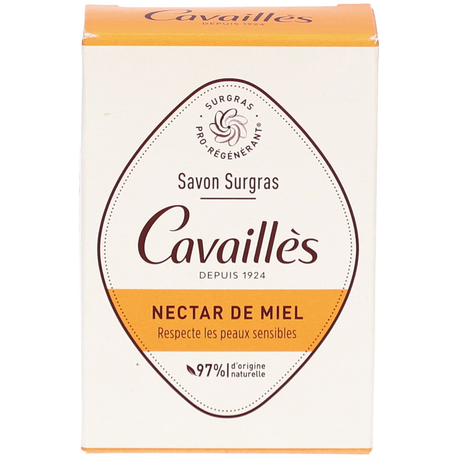 Boîte avec logo et nom du produit. Texte: Savon Surgras Nectar de Miel, 97% d'origine naturelle.