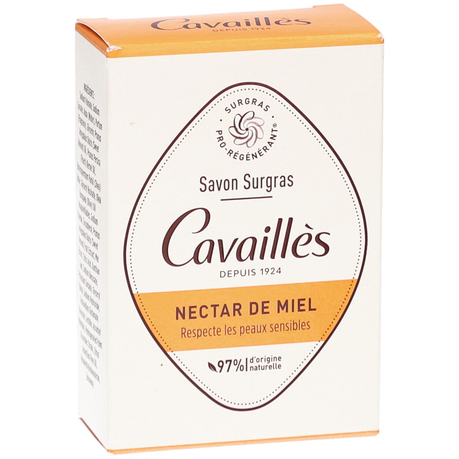 Boîte avec logo et nom du produit. Texte: Savon Surgras Nectar de Miel, 97% d'origine naturelle.