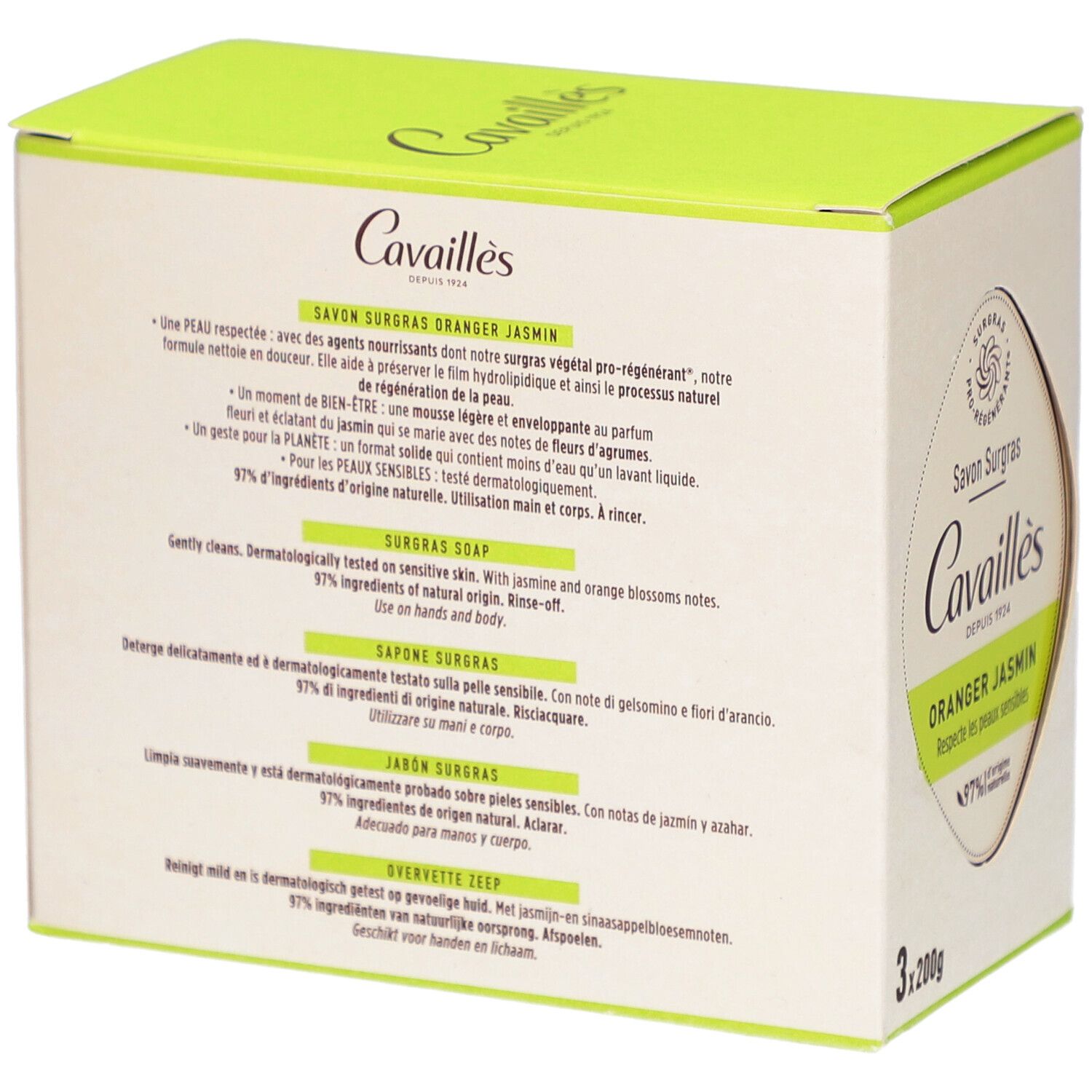 Dos de l'emballage avec informations produit. Texte multilingue. Contient des informations sur les ingrédients et les caractéristiques.