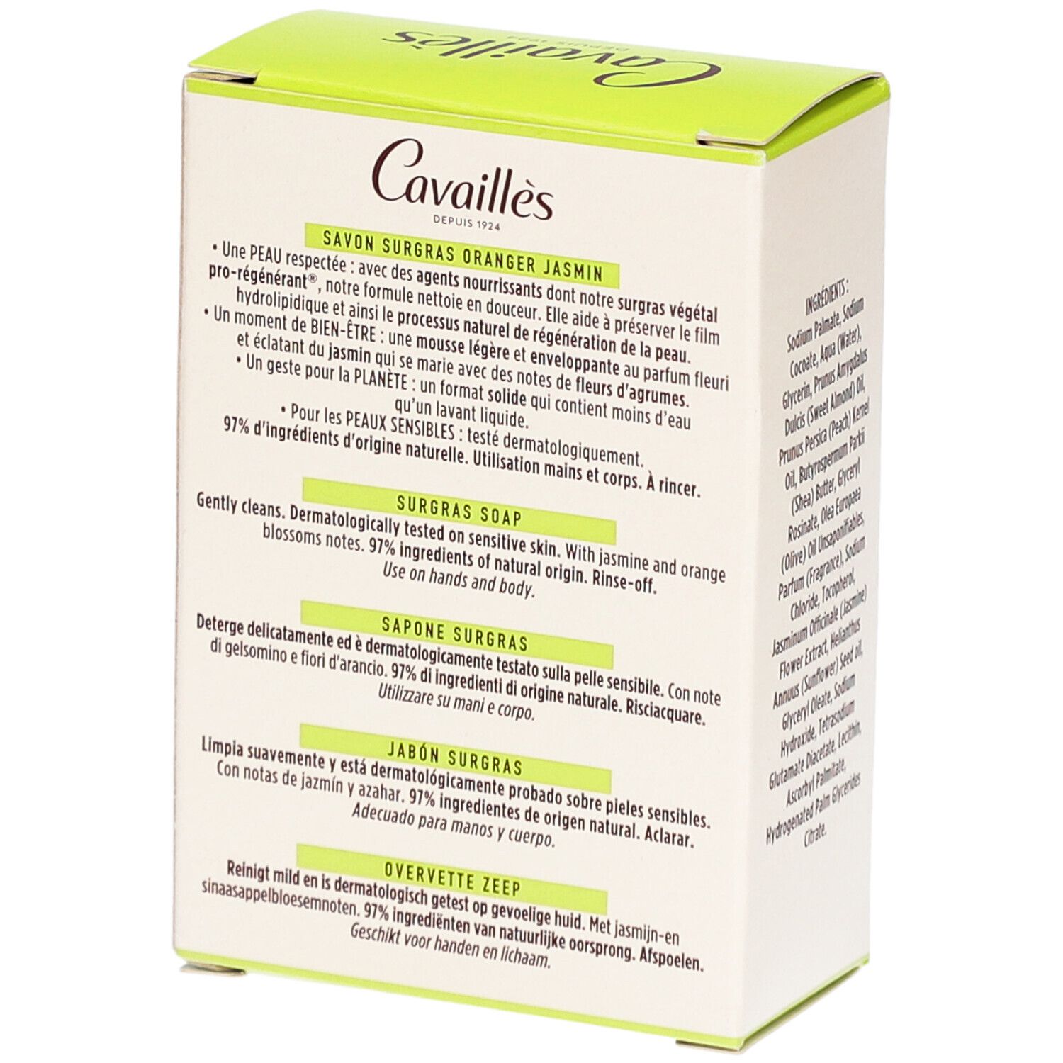 Dos de la boîte avec informations produit. Logo "Cavaillès" et "Oranger Jasmin". 97% ingrédients naturels.
