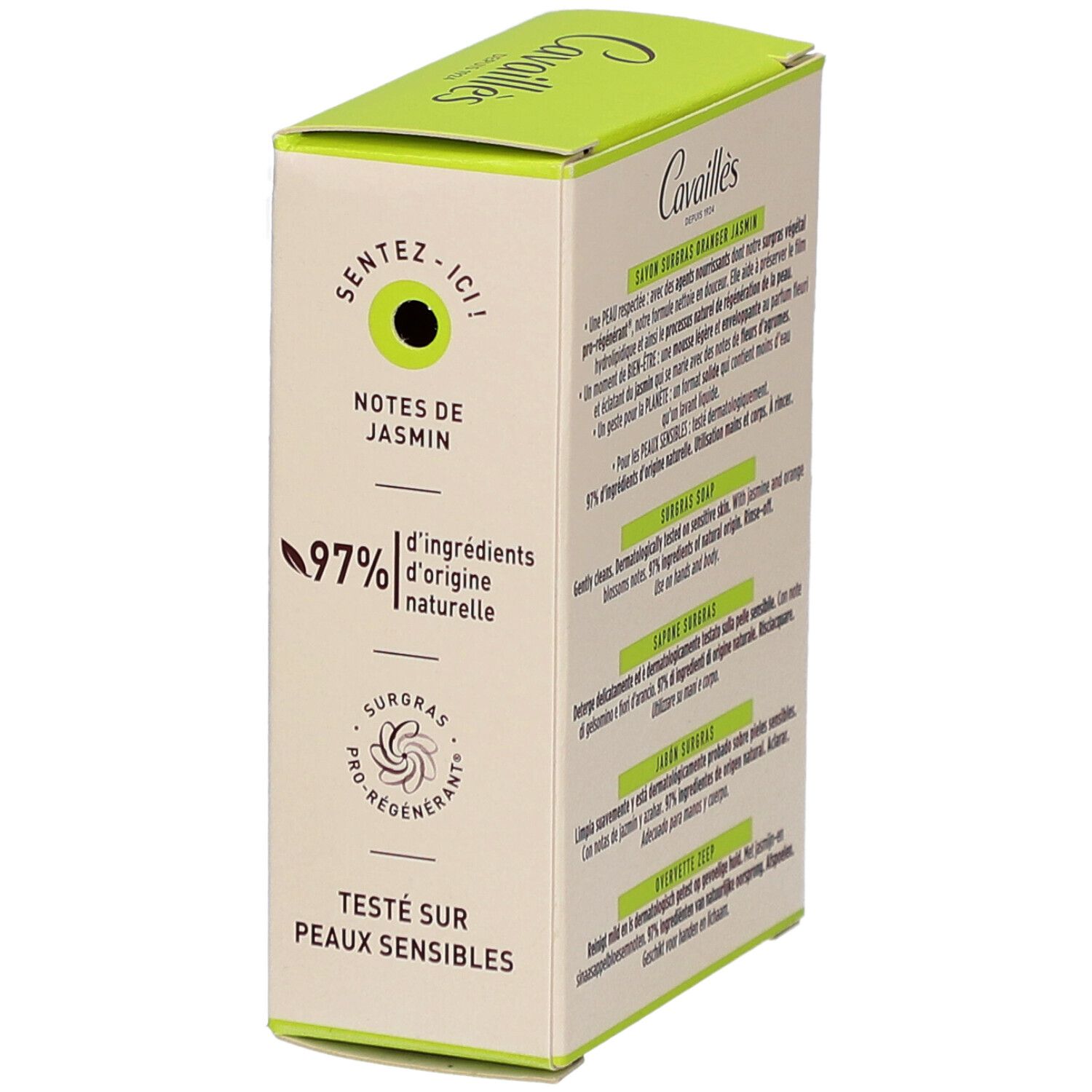 Boîte "Cavaillès" avec "Oranger Jasmin". 97% ingrédients naturels. Testé sur peaux sensibles.