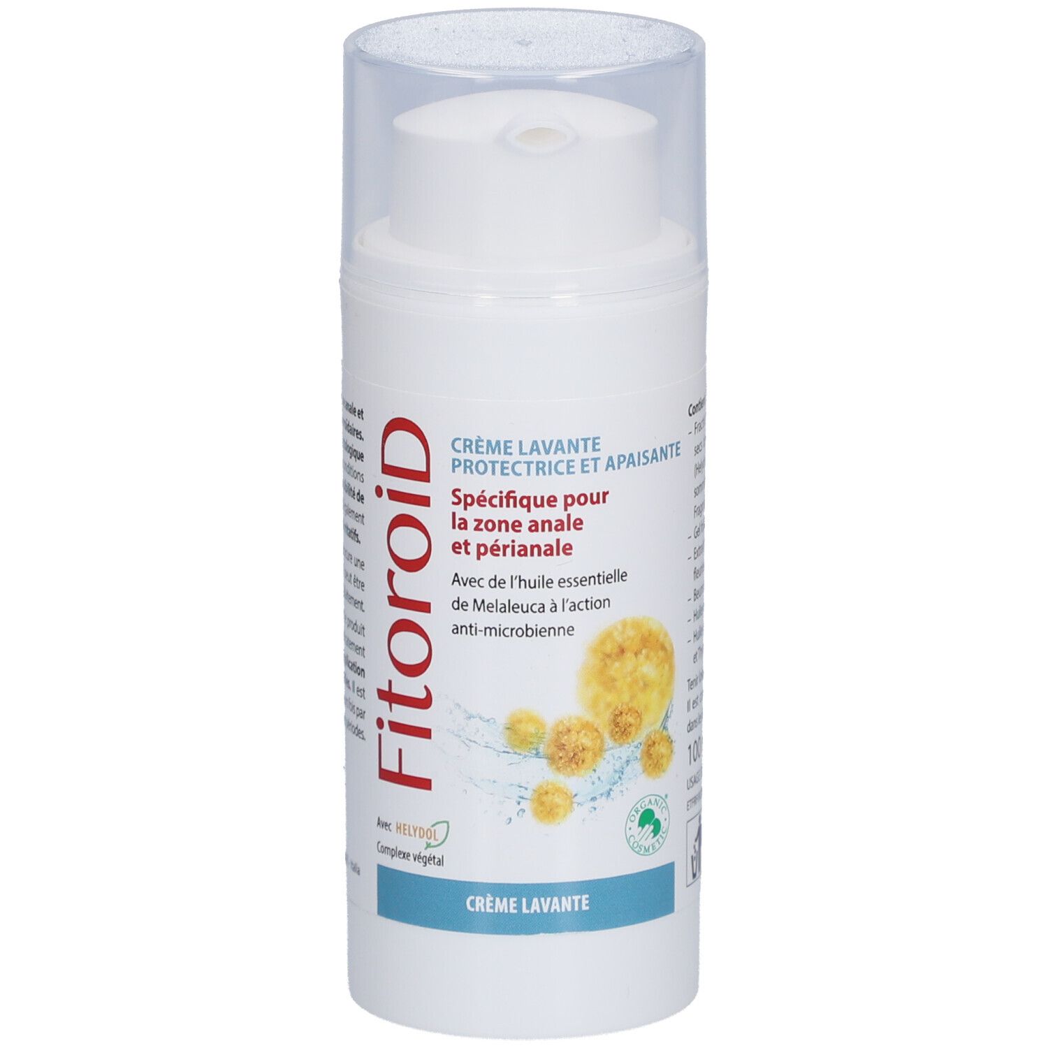 Flacon blanc avec bouchon transparent. Inscription: Fitoroid, Crème Lavante. Illustration de fleurs.