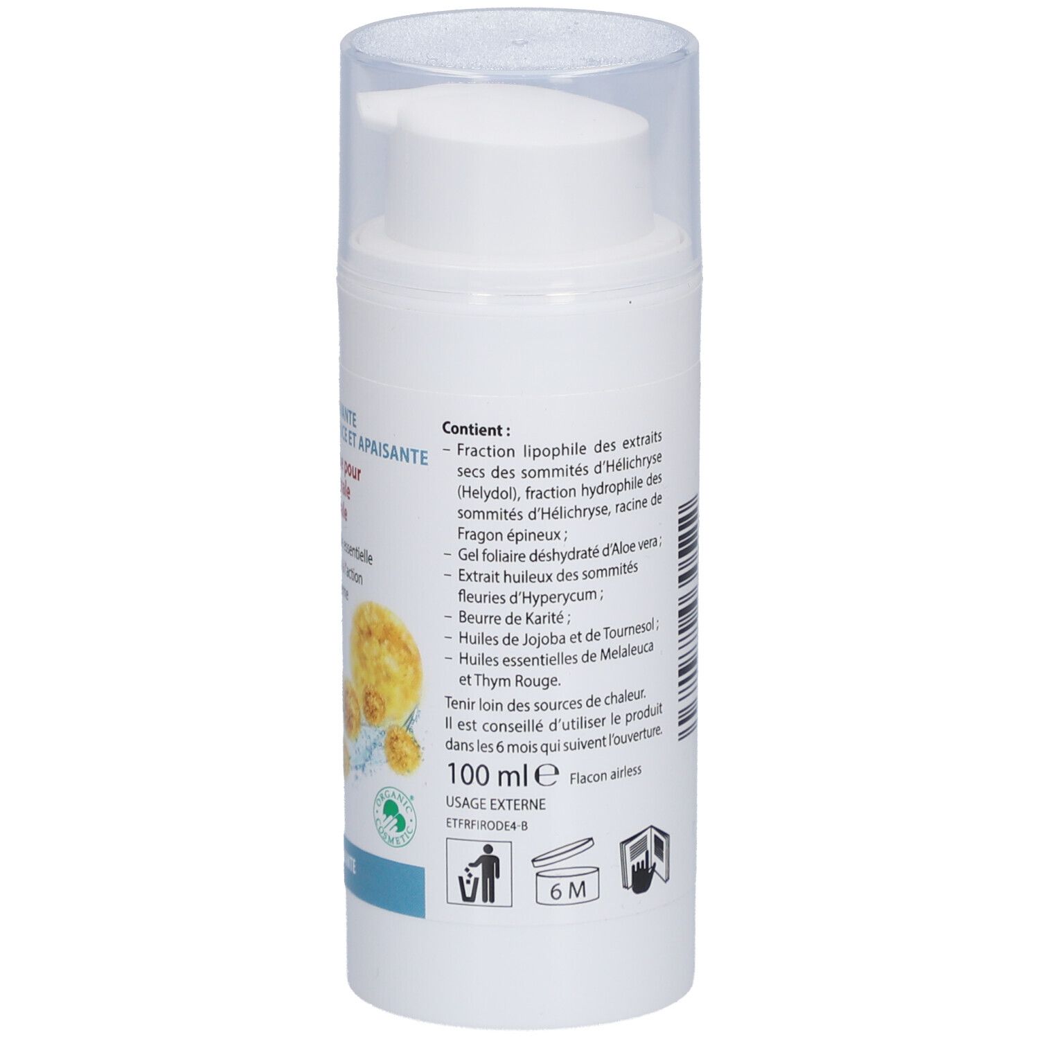 Dos du flacon blanc. Informations textuelles, ingrédients et volume: 100 ml.