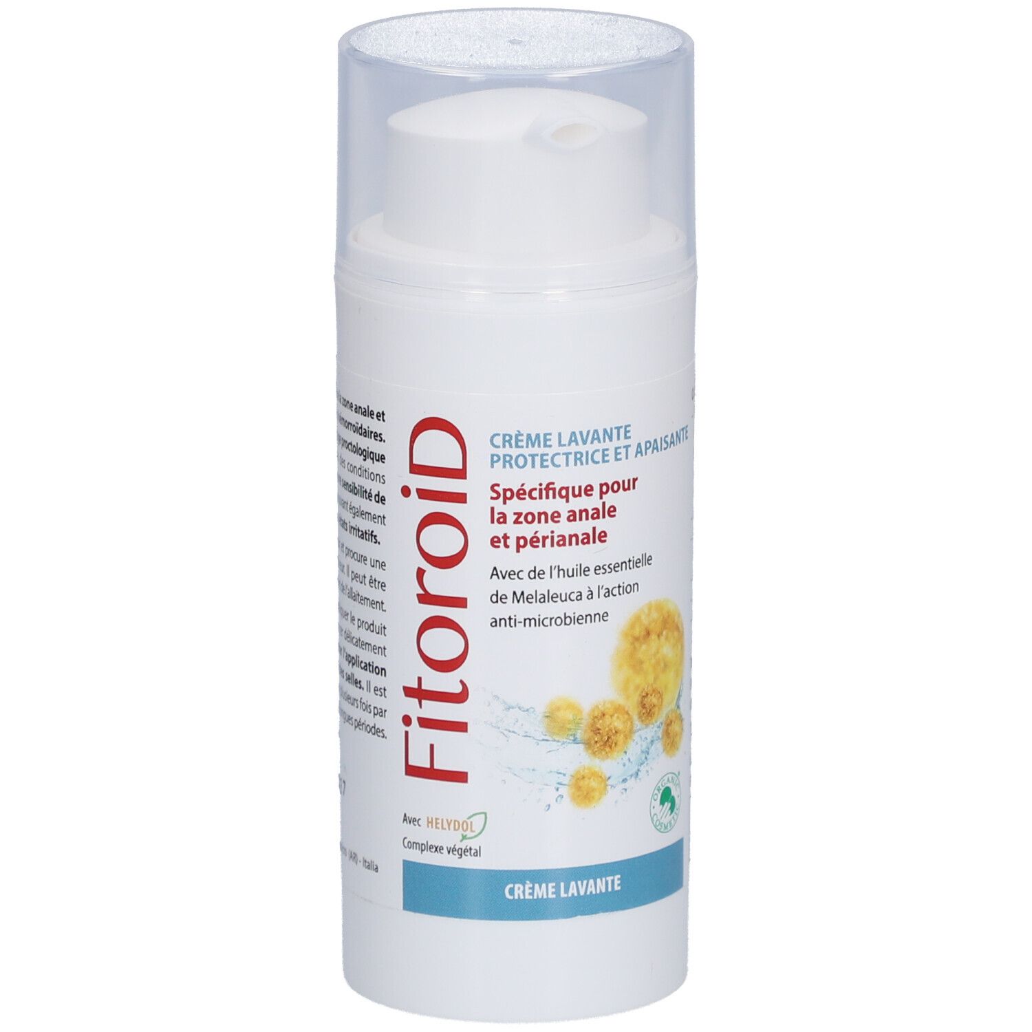 Flacon blanc avec bouchon transparent. Inscription: Fitoroid, Crème Lavante. Illustration de fleurs.