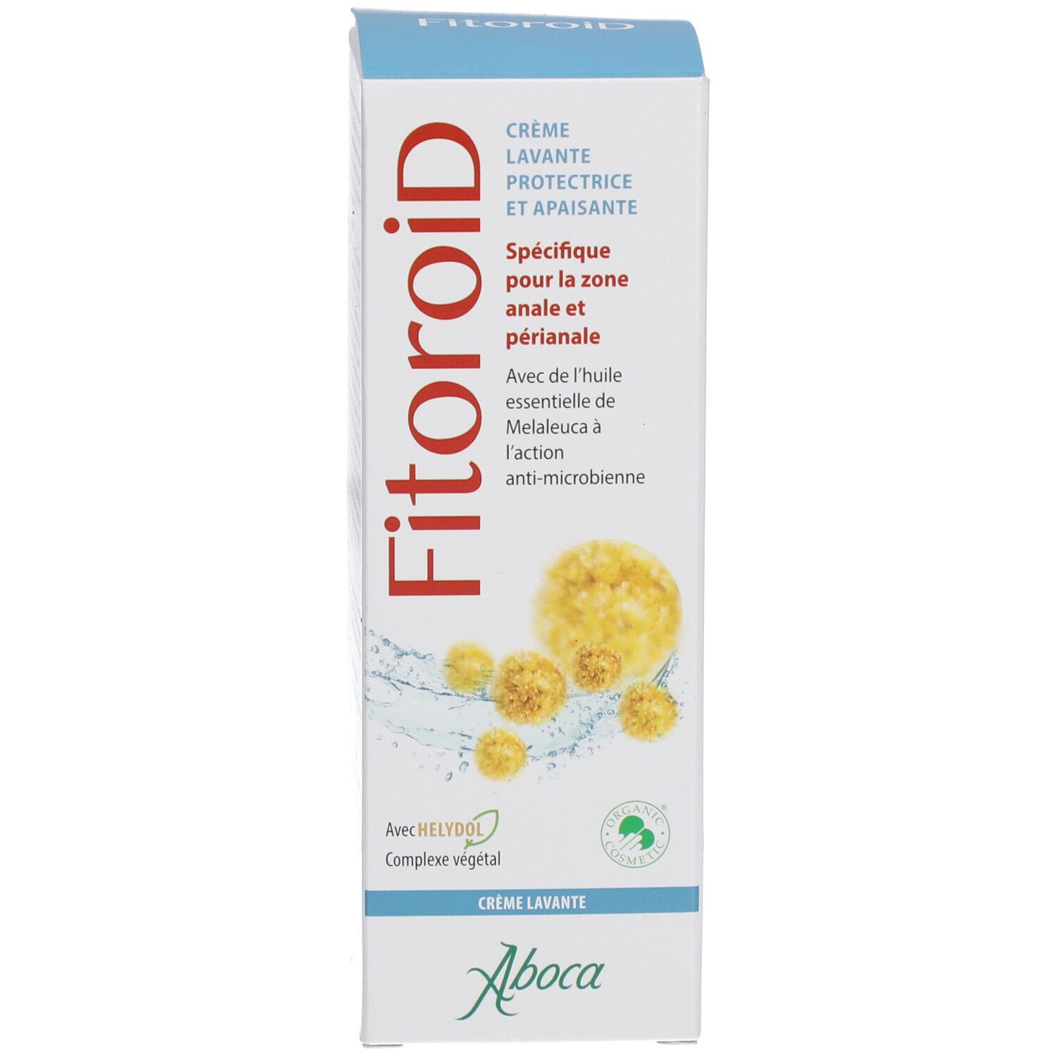 Emballage du produit. Emballage bleu et blanc. Inscription: Fitoroid, Crème Lavante. Illustration de fleurs.