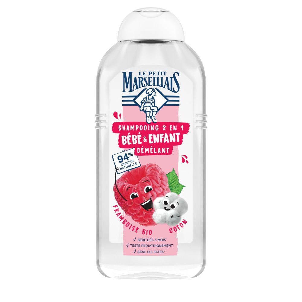 Flacon transparent, bouchon blanc. Étiquette avec framboise, coton et texte: Shampooing 2 en 1 Bébé & Enfant Démêlant.