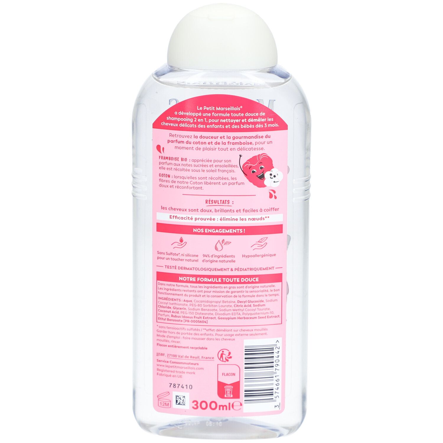 Le Petit Marseillais Shampooing 2 en 1 Bébé & Enfant Démêlant Framboise Bio & Coton