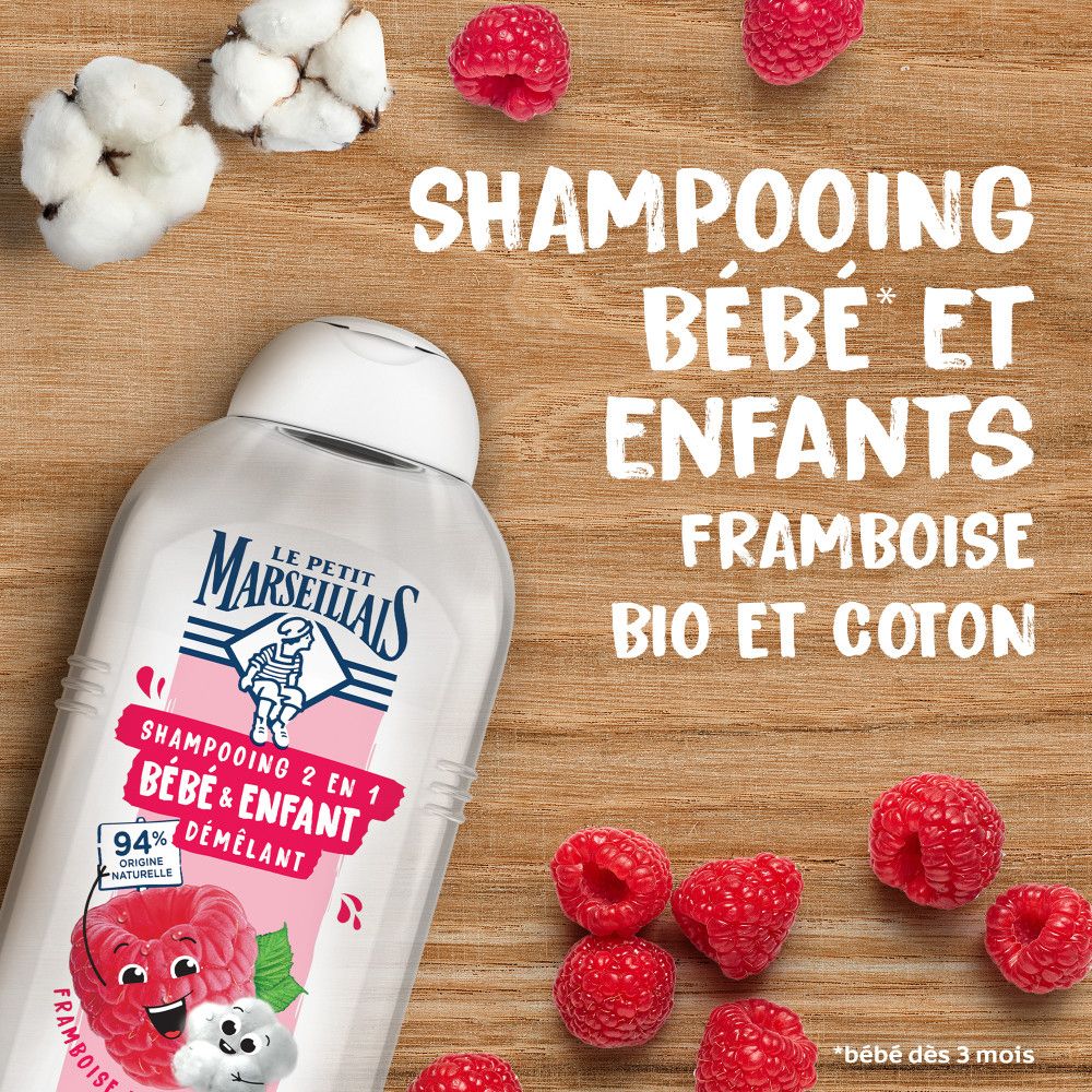 Flacon, framboises et coton sur bois. Texte: Shampooing Bébé et Enfants Framboise Bio et Coton.