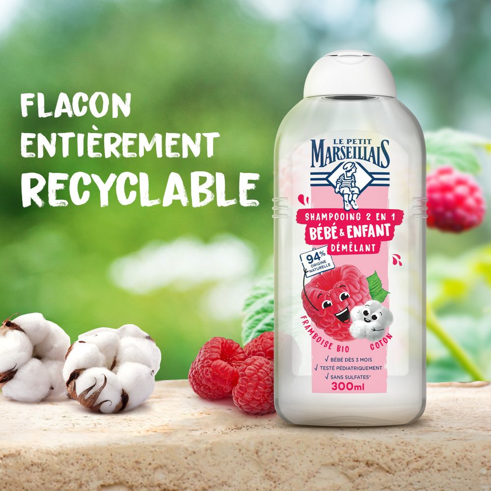 Flacon, framboises et coton. Texte: Flacon Entièrement Recyclable.