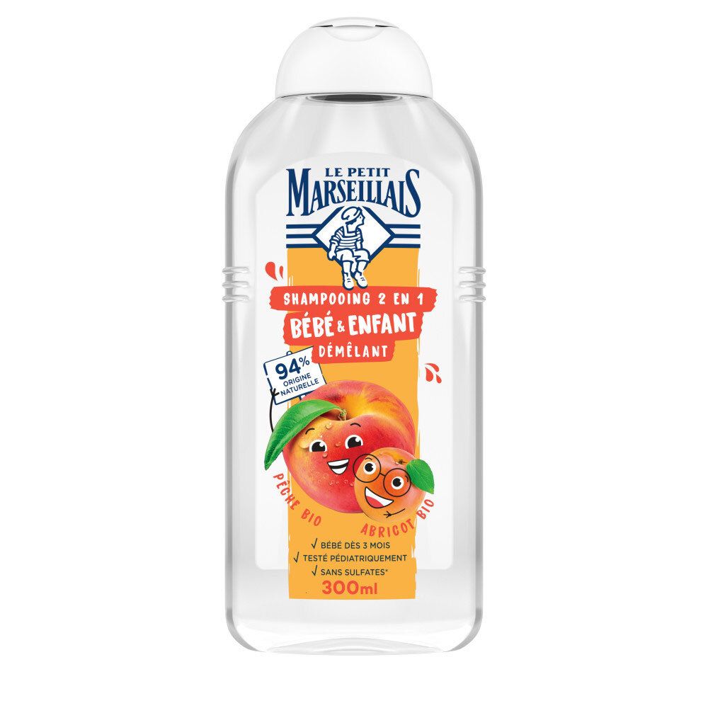 Le Petit Marseillais Shampooing 2 en 1 Bébé & Enfant, 300ml, pêche et abricot.