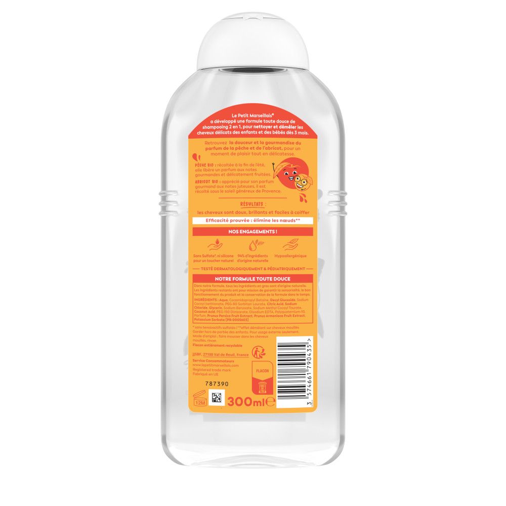 Dos de la bouteille de shampooing. Texte en français. 300ml. Ingrédients et certifications.