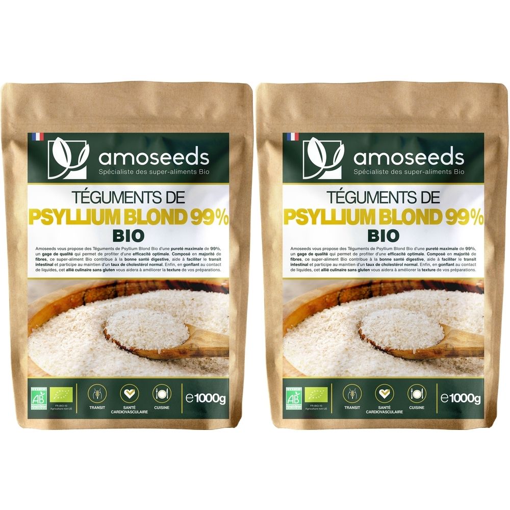 Deux paquets de "Téguments de Psyllium Blond 99% Bio" amoseeds. Inscriptions : AB, Ecocert, 1000g.