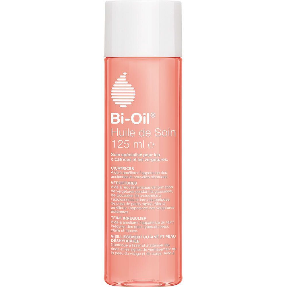 Flacon de Bi-Oil Huile de Soin, liquide rose, bouchon blanc, 125 ml. Informations sur l'étiquette.