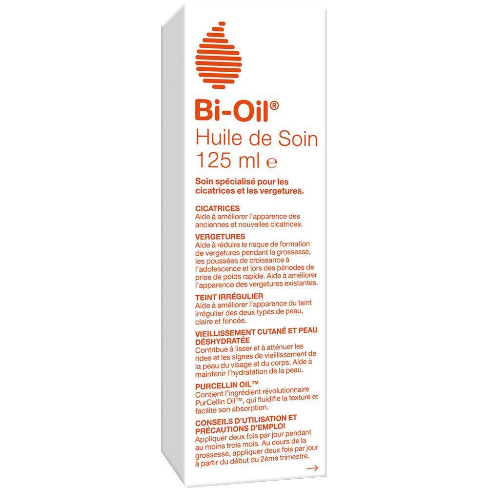 Emballage Bi-Oil Huile de Soin, blanc, détails orange, informations produit. Illustration du flacon 125 ml.