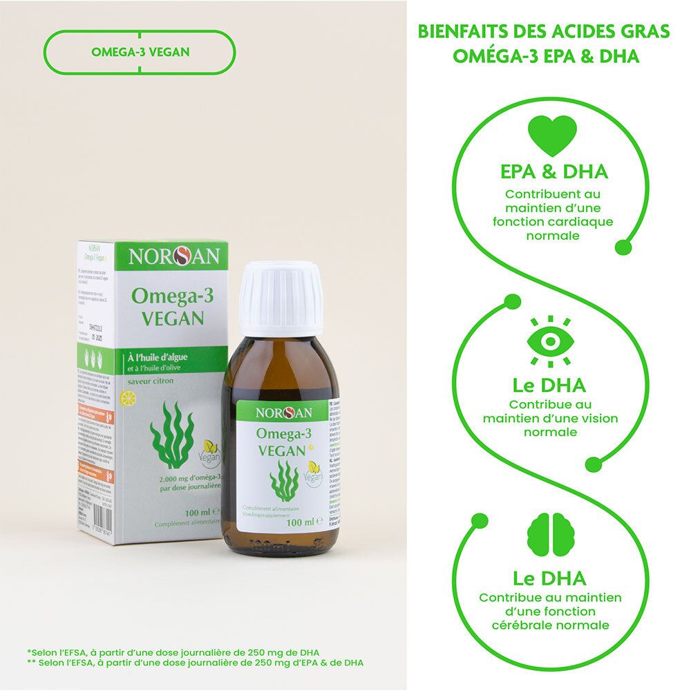 Flacon et emballage NORSAN Omega-3 VEGAN. Flacon en verre brun avec bouchon blanc. Emballage avec informations produit. Infographie EPA & DHA.