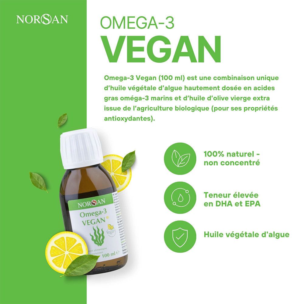 Flacon en verre brun NORSAN Omega-3 VEGAN avec citron. Bouchon blanc, étiquette verte. Infographie avec feuilles, gouttes et bouclier.