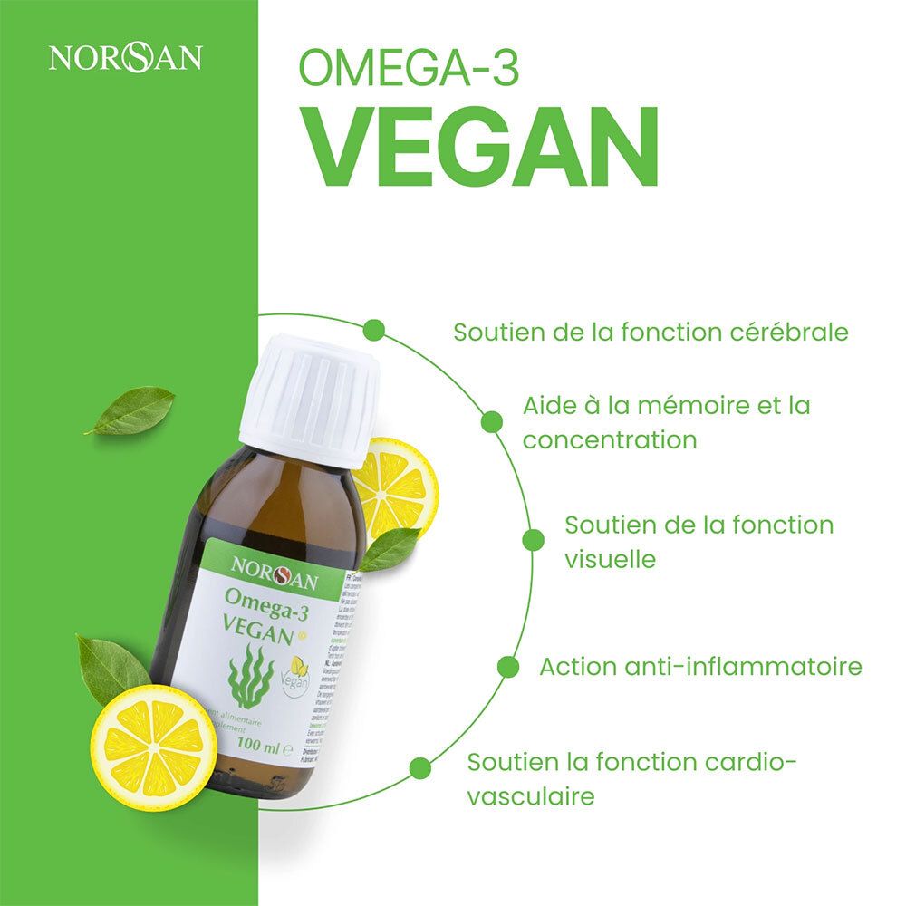 Flacon en verre brun NORSAN Omega-3 VEGAN avec citron. Bouchon blanc, étiquette verte. Infographie avec points sur les effets du produit.