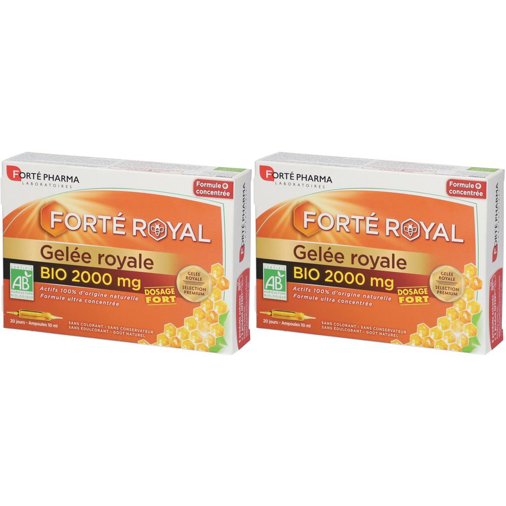 Deux boîtes de "Forté Royal Gelée royale BIO 2000 mg". Design orange avec logo et texte. Certification AB.