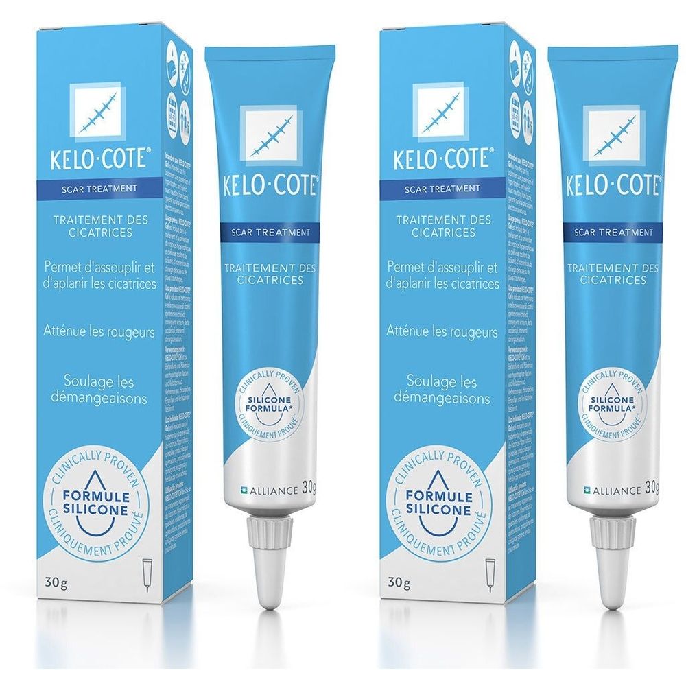 Deux tubes et deux boîtes de KELO-COTE traitement des cicatrices. Emballage bleu avec texte blanc. Contient une formule silicone.