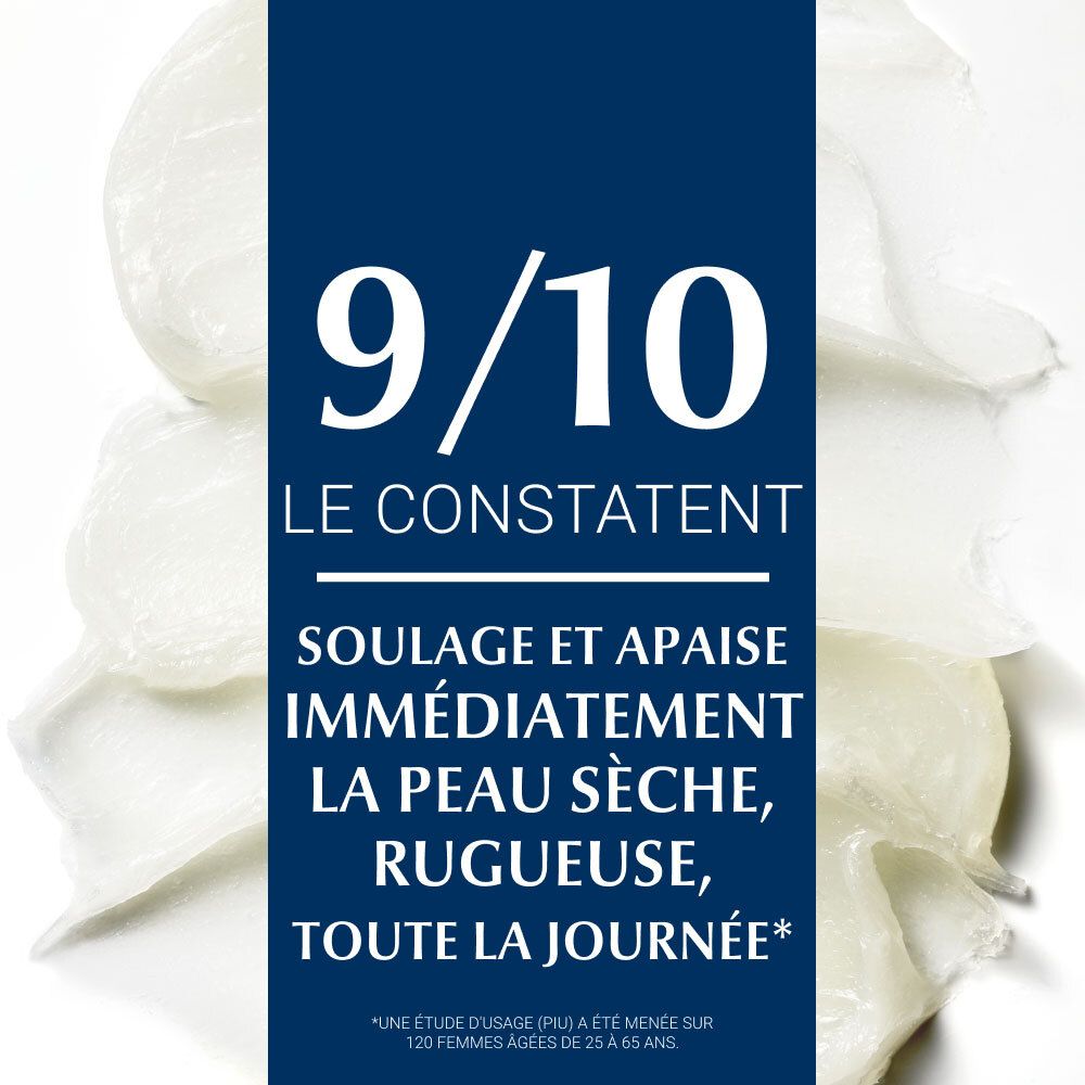 Texte : 9/10 le constatent, soulage et apaise immédiatement la peau sèche, rugueuse. Texte en français.