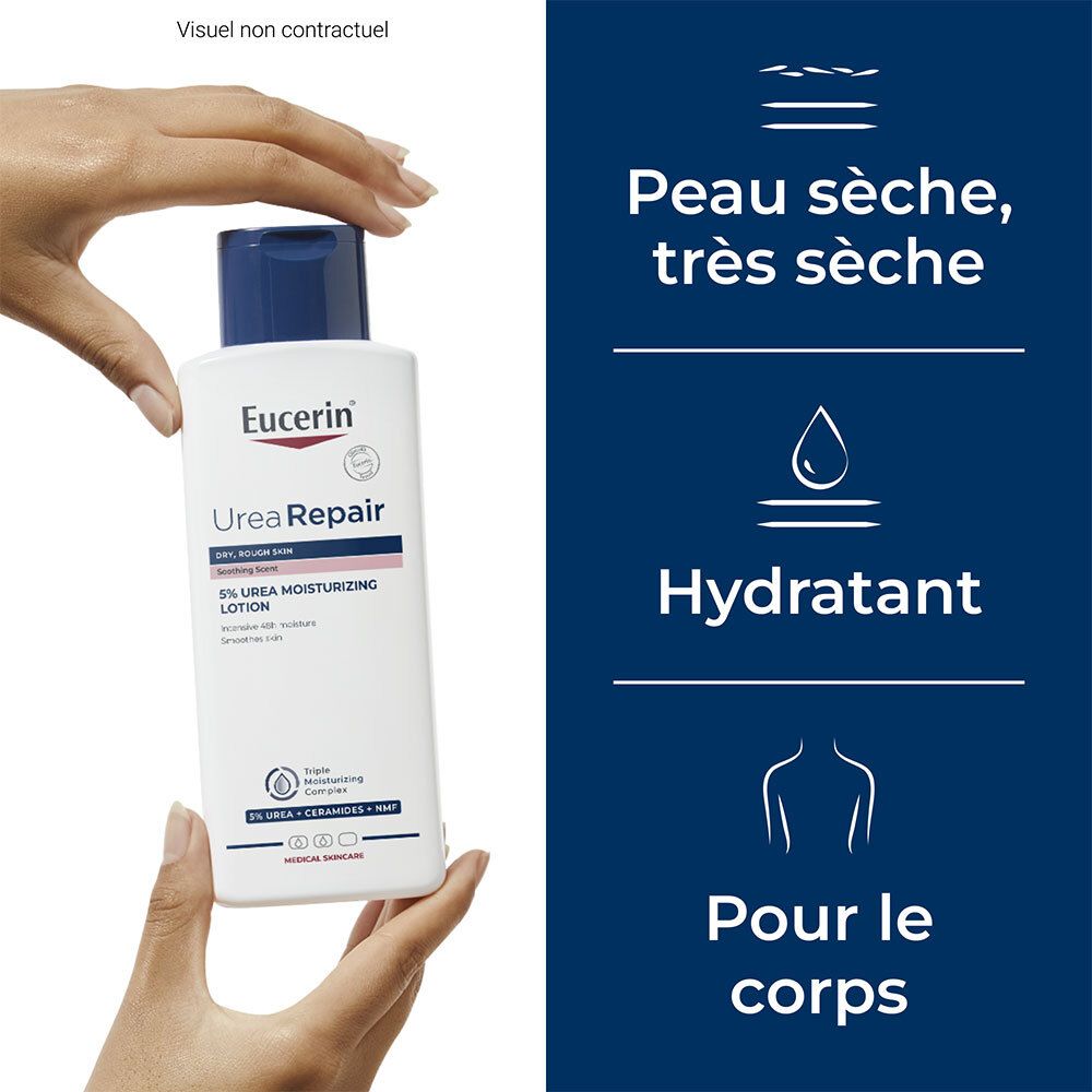 Personne tenant Eucerin UreaRepair Lotion. Texte : 5% Urea, 5% Urea Moisturizing Lotion, Pour le corps.